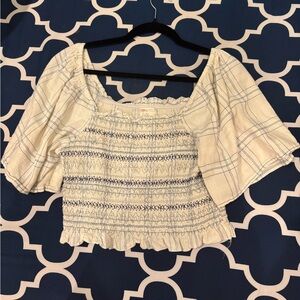 Smocked Off-Shoulder Crop Top in Cream with Blue Stitching